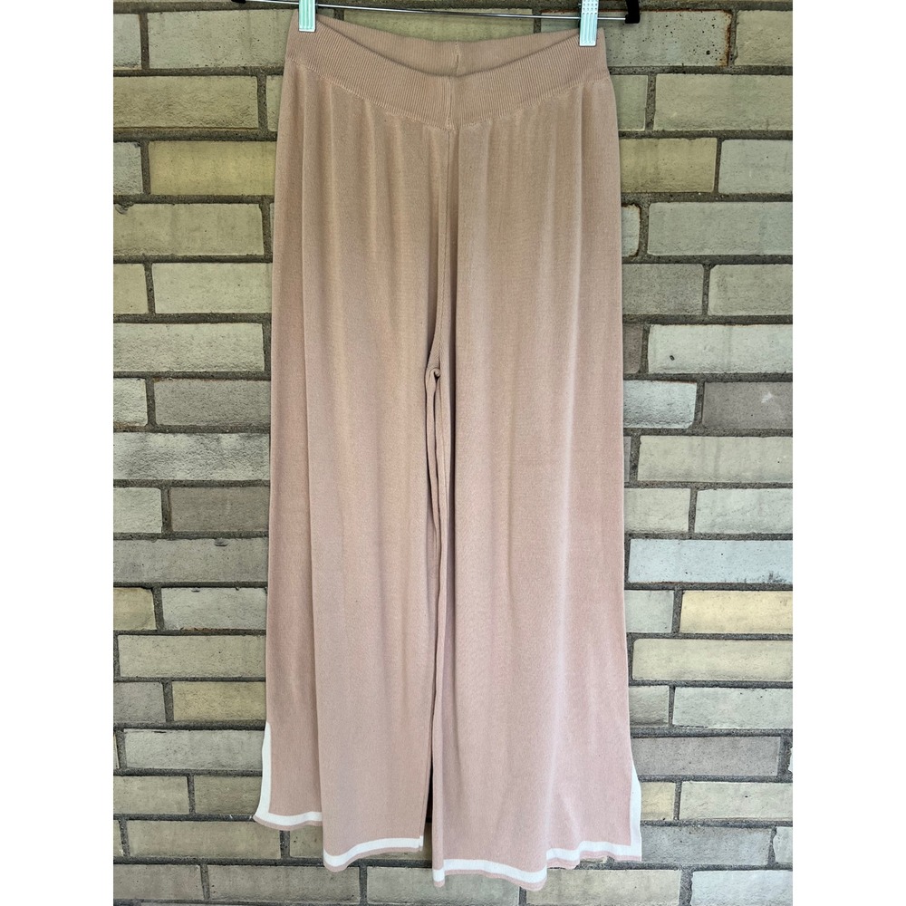 Matching Knit Two Piece Set Top & Wide Leg Crop Pants Tan White Trim Size Medium - Picture 7 of 10